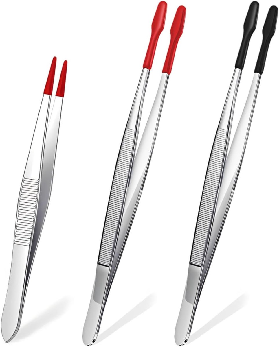 Tweezer set 3 stuks - Edelstaal met gummi toppen - Flache spitze - Ideaal voor precisiewerk - ShopVlot