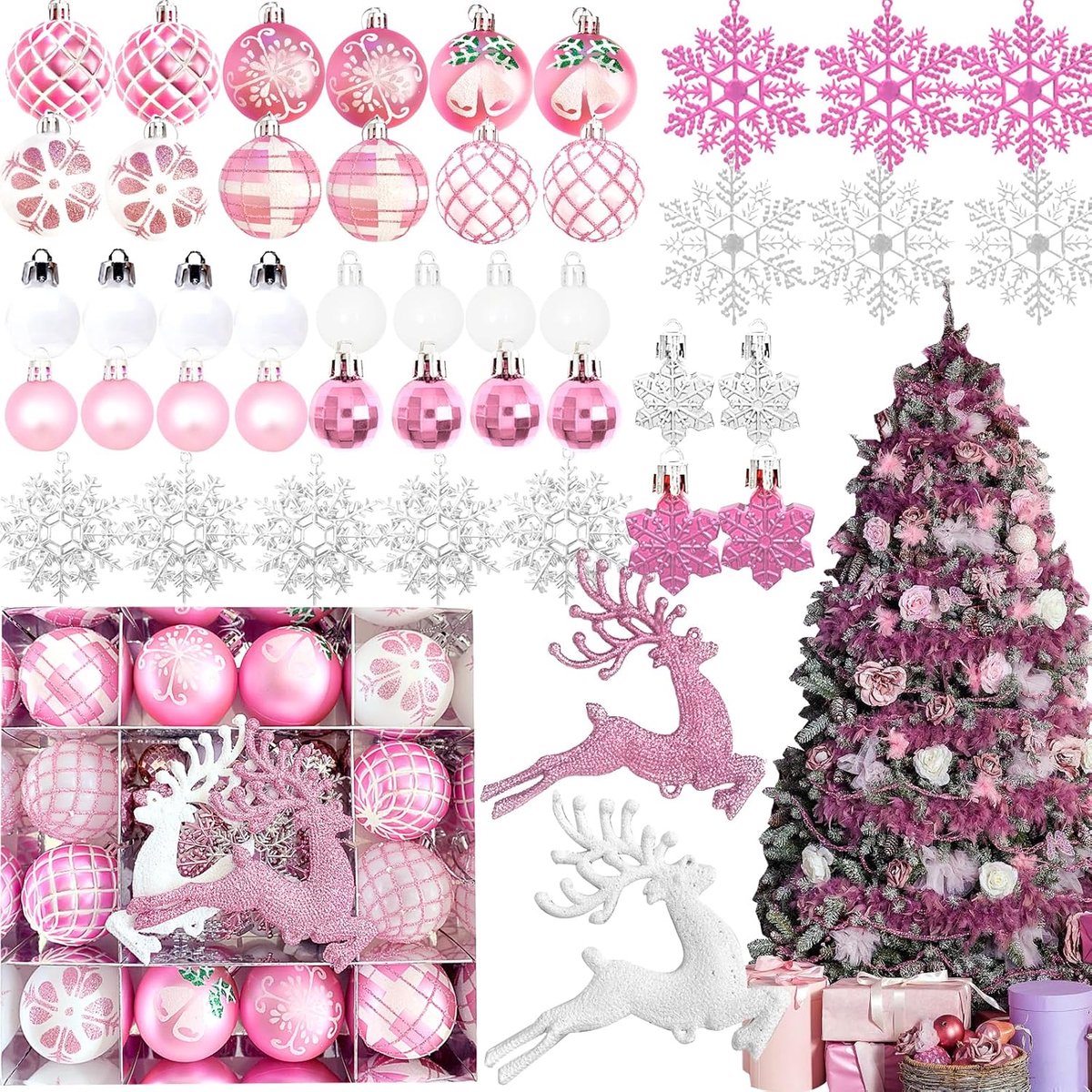 Kerstboomdecoratie set 60 mm - 45 stuks plastic kerstballen - roze sneeuwvlokken en herten - ShopVlot