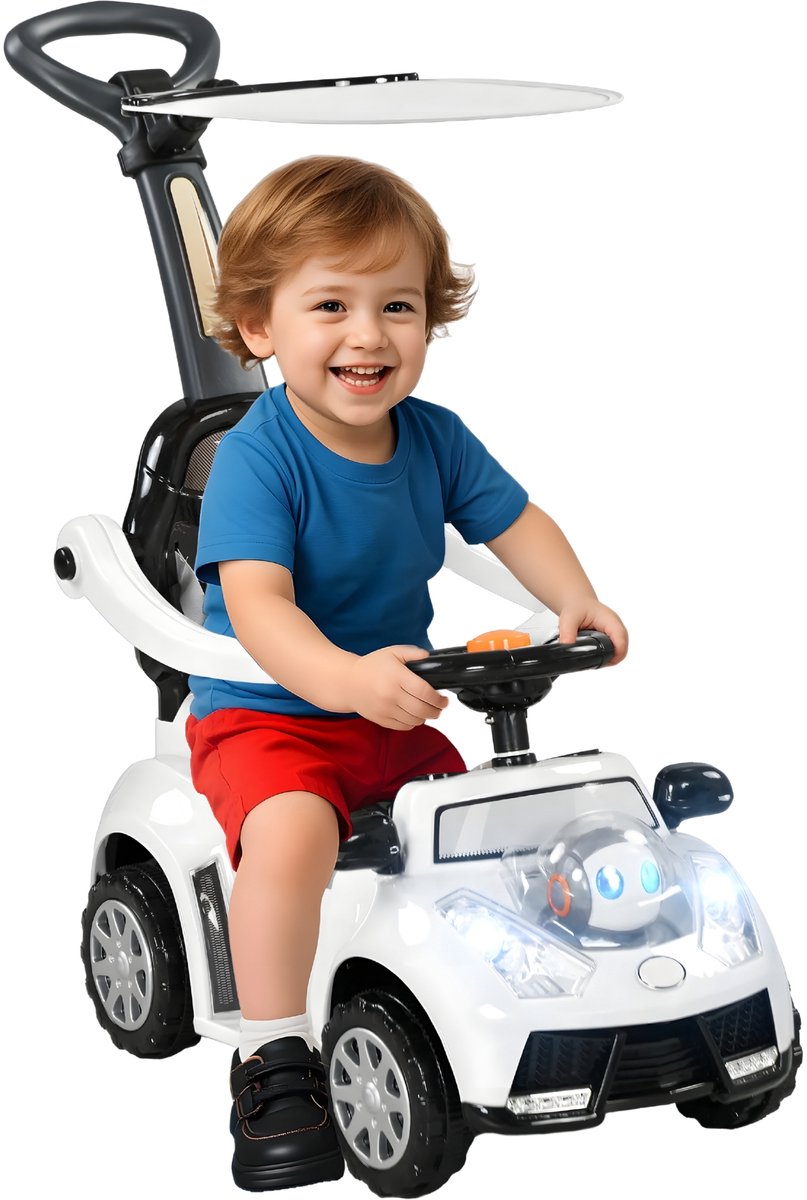 Loopauto met Duwstang & Stuur – Kinder Ride-On Auto – Wit