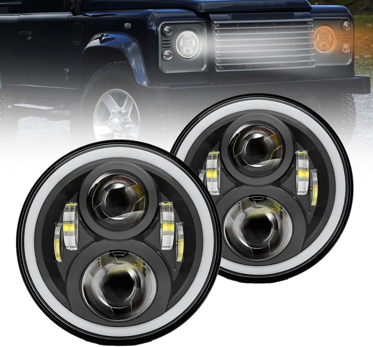 7" LED Headlight with Halo Daytime Running Light and High and Low Beam Indicator for Defender 90 110 - ShopVlot