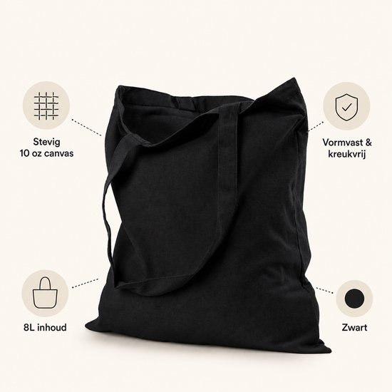 Een zwarte canvas tas van 8 liter met de tekst 'Stevig 10 oz canvas', 'Vormvast & kreukvrij' en 'Zwart'.