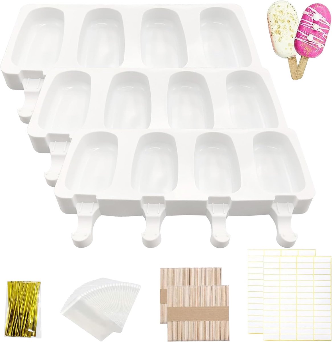 Pack of 3 Ice Moulds, Ice Moulds, Ice Cream Moulds, Ice Lollies, BPA Free, with 100 Packing Bags, 100 OPP Bags, 100 - ShopVlot