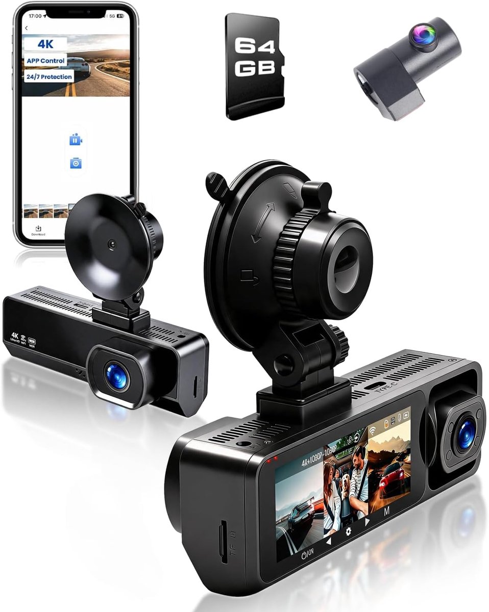 Dashcam WiFi 3 kanalen 4K 1080P met 64GB - WDR, nachtzicht, 24-uurs parkeerplaats, G-sensor, smartphone-download - ShopVlot