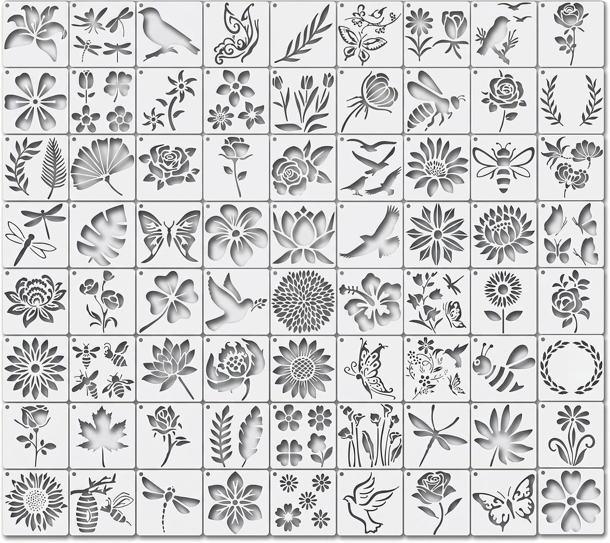 72 stuks herbruikbare schildersjablonen, 7,6 x 7,6 cm, dierensjablonen met bloemen en dieren voor knutselen, decoratie - ShopVlot