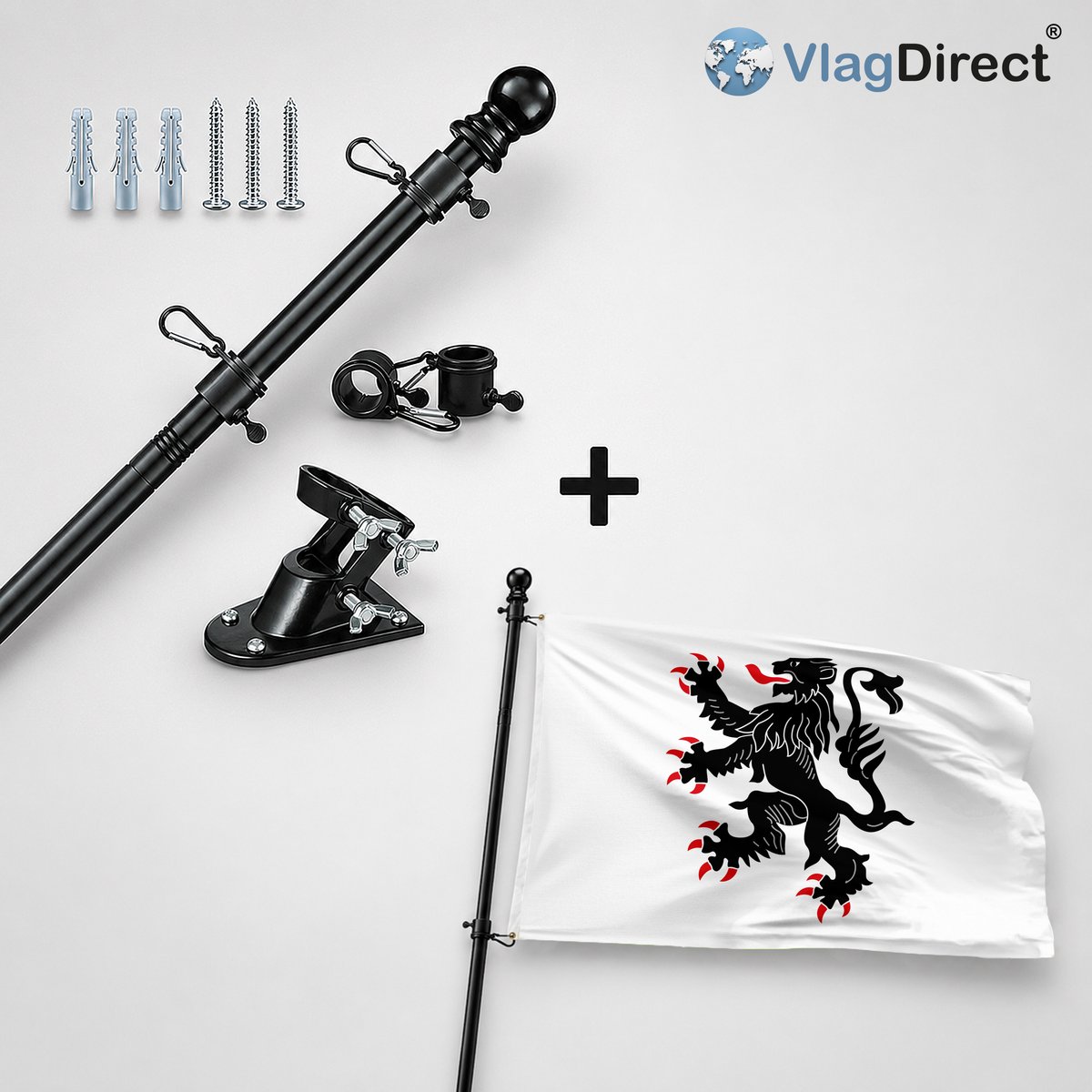 VlagDirect - Compleet vlaggenpakket - Zwarte vlaggenstok inclusief vlaggenstokhouder + Gemeente Binche vlag - 90 x 150 cm.