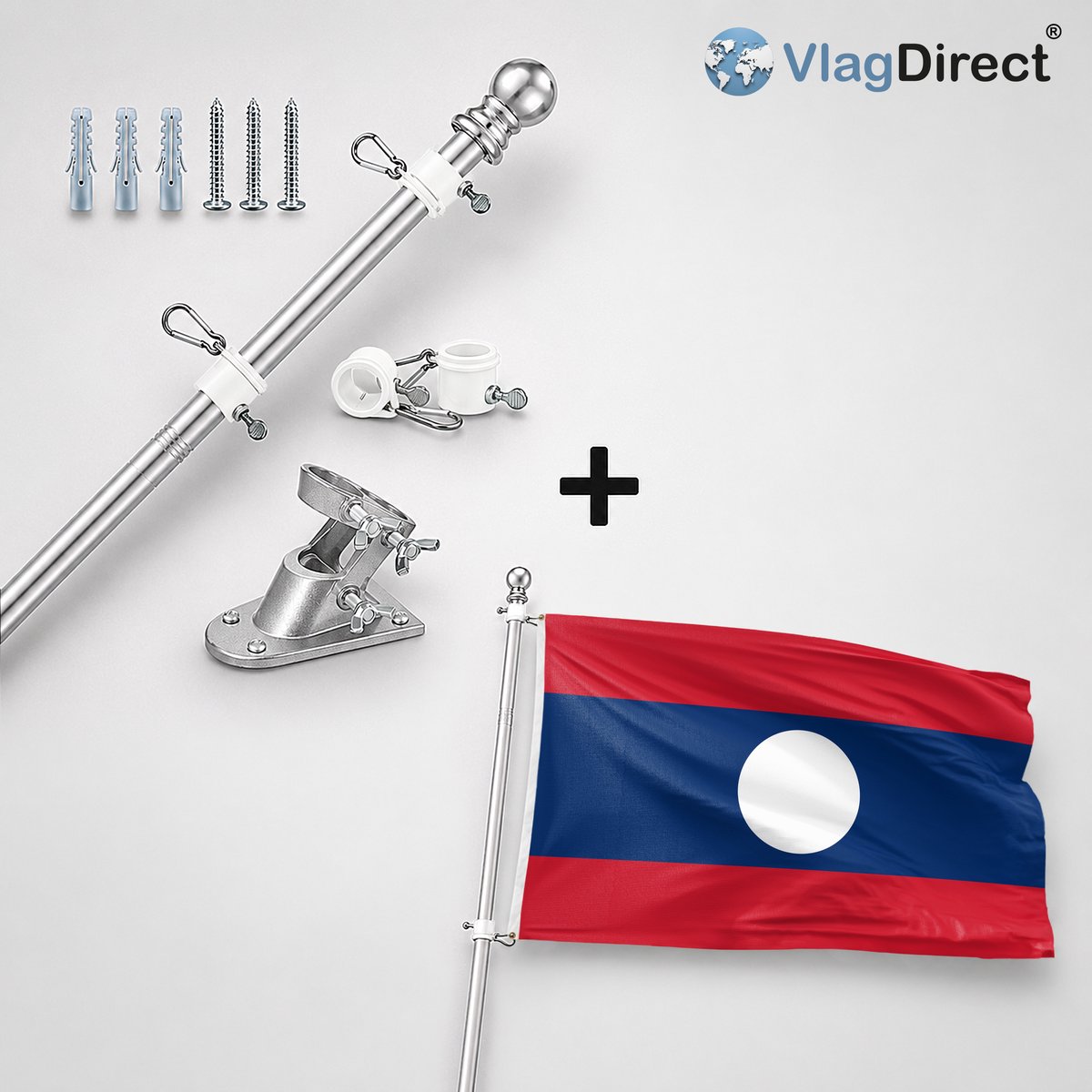 VlagDirect - Compleet vlaggenpakket - Zilveren vlaggenstok inclusief vlaggenstokhouder + Laotiaanse vlag - Laos vlag - 90 x 150 cm
