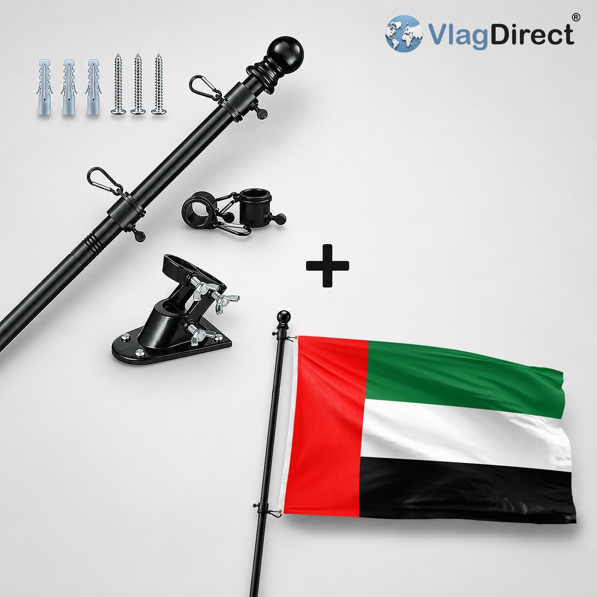 VlagDirect - Compleet vlaggenpakket - Zwarte vlaggenstok inclusief vlaggenstokhouder + Verenigde Emiraten vlag - Dubai vlag - 90 x 150 cm.