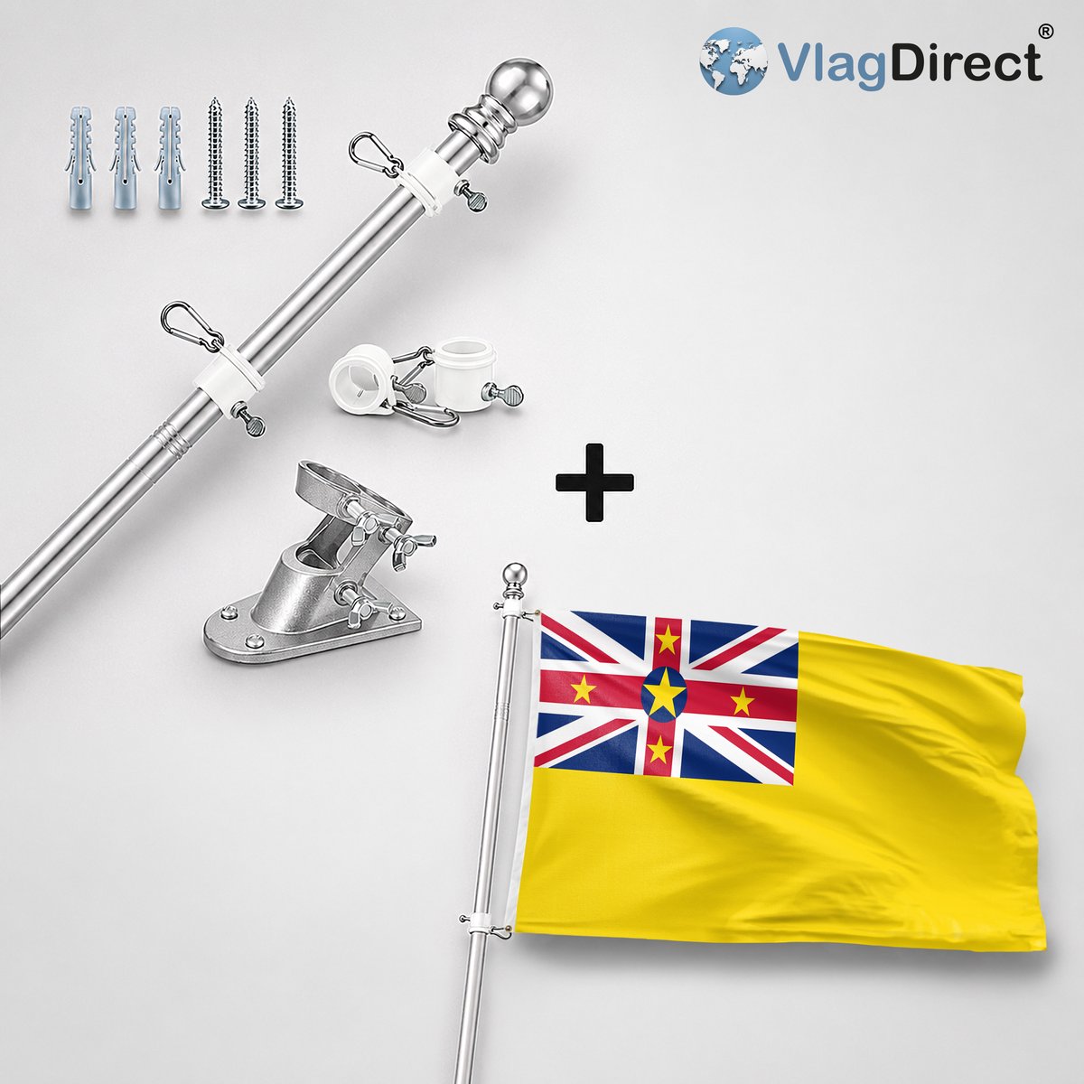 VlagDirect - Compleet vlaggenpakket - Zilveren vlaggenstok inclusief vlaggenstokhouder + Niueaanse vlag - Niue vlag - 90 x 150 cm.