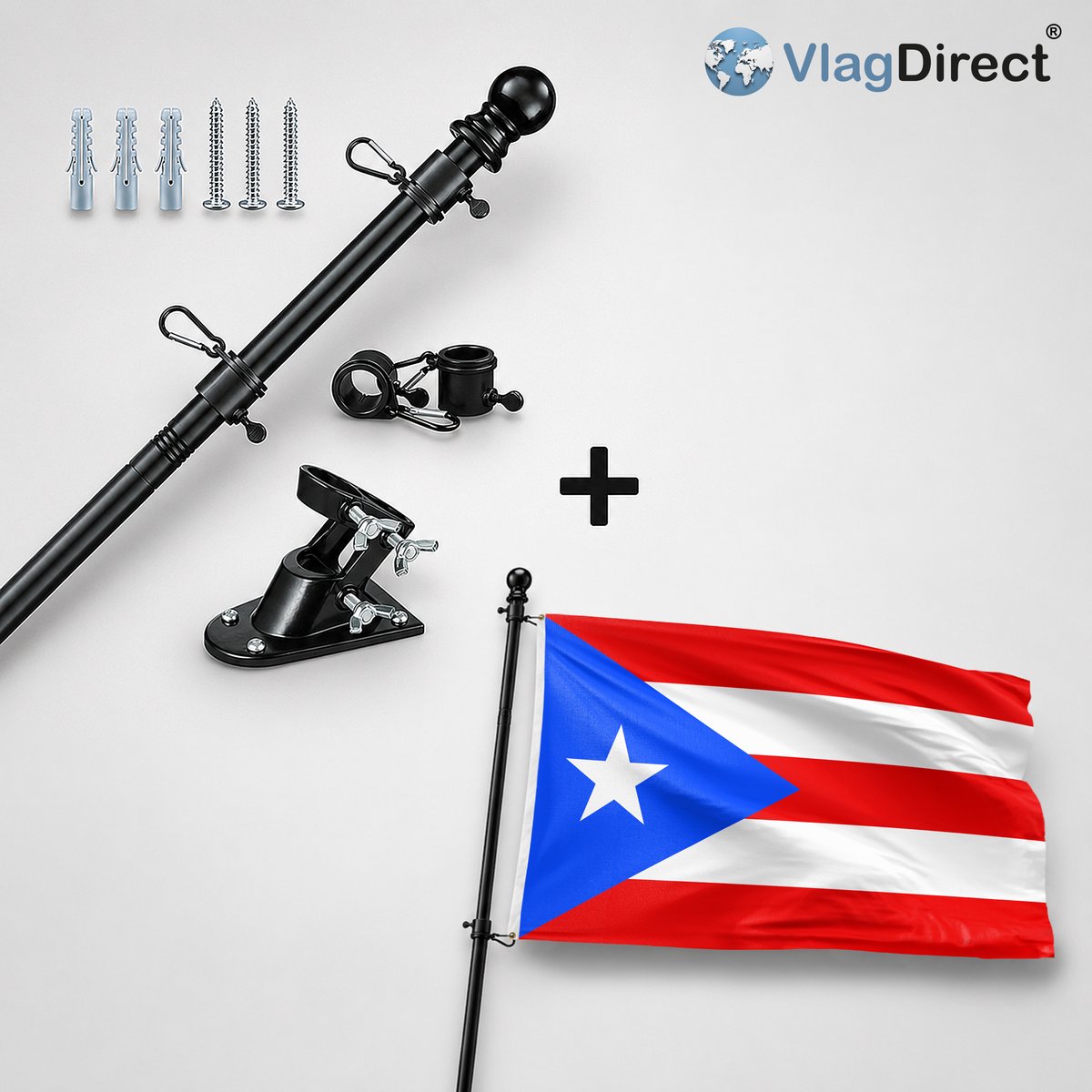 VlagDirect - Compleet vlaggenpakket - Zwarte vlaggenstok inclusief vlaggenstokhouder + Puerto Ricaanse vlag - Puerto Rico vlag - 90 x 150 cm.