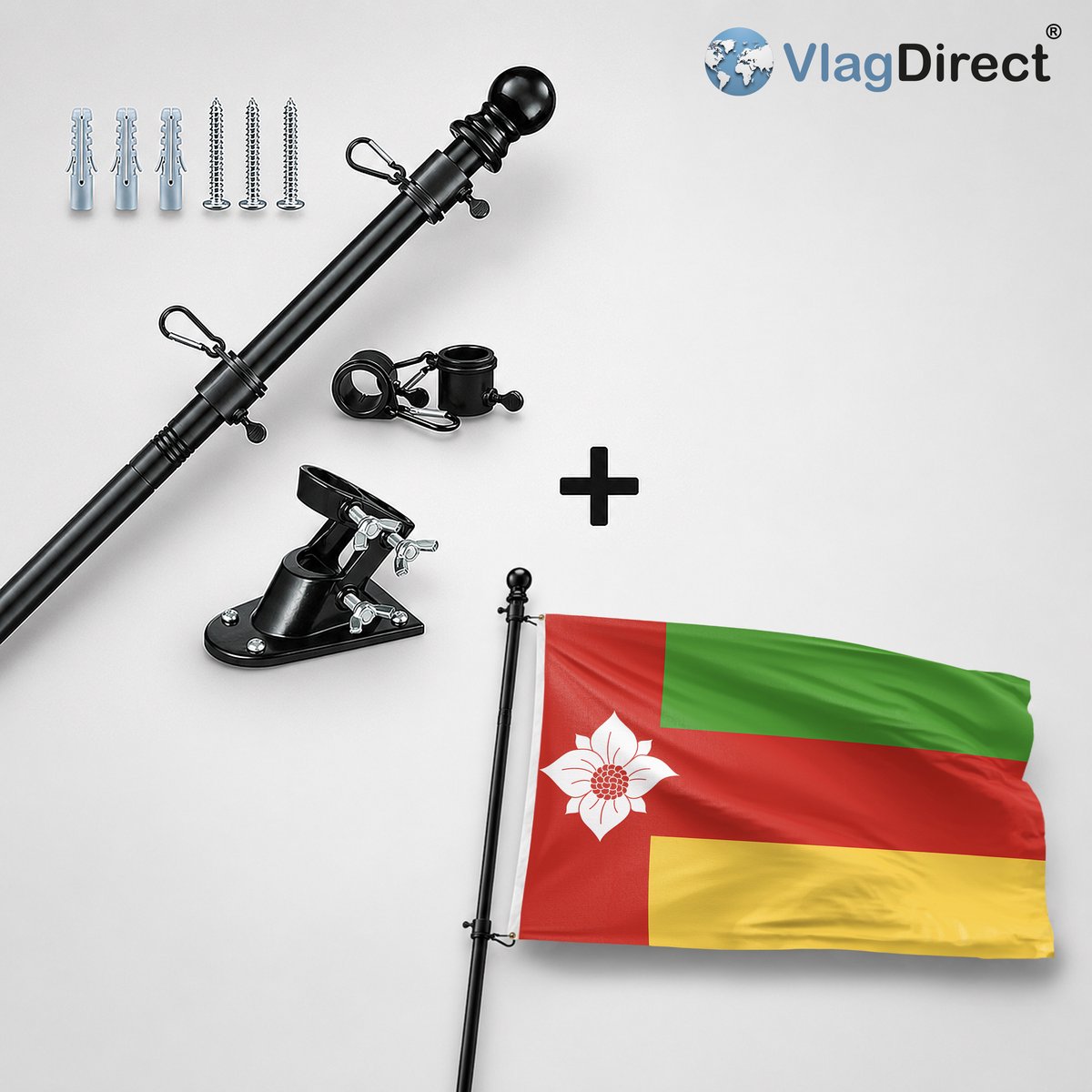 VlagDirect - Compleet vlaggenpakket - Zwarte vlaggenstok inclusief vlaggenstokhouder + Tynaarlo vlag - Gemeente Tynaarlo vlag - 90 x 150 cm.
