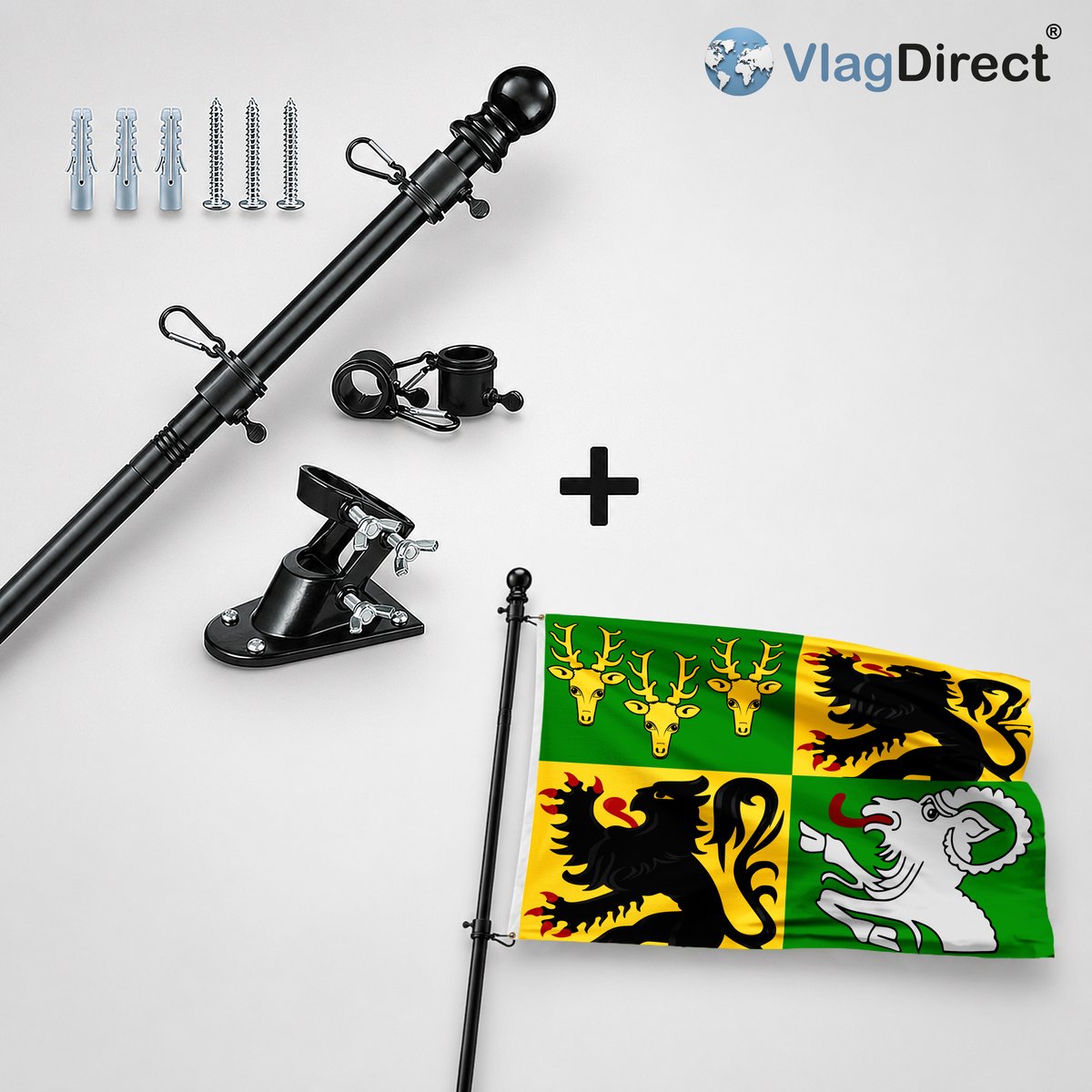 VlagDirect - Compleet vlaggenpakket - Zwarte vlaggenstok inclusief vlaggenstokhouder + Oostrozebeekse vlag - Gemeente Oostrozebeke vlag - 90 x 150 cm.