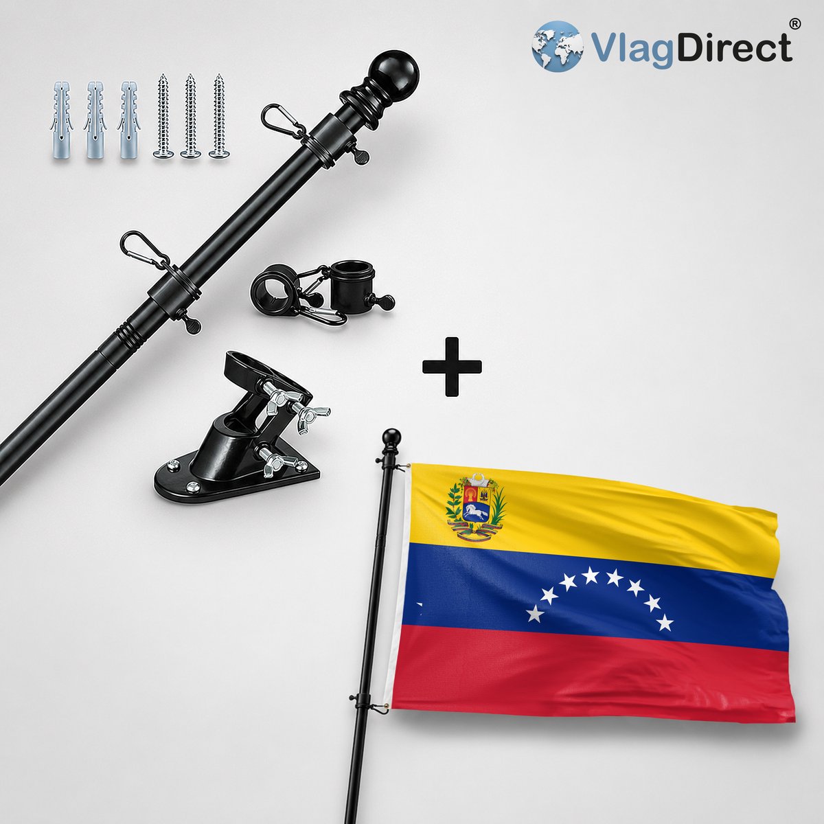 VlagDirect - Compleet vlaggenpakket - Zwarte vlaggenstok inclusief vlaggenstokhouder + Venezolaanse vlag - Venezuela vlag - 90 x 150 cm.