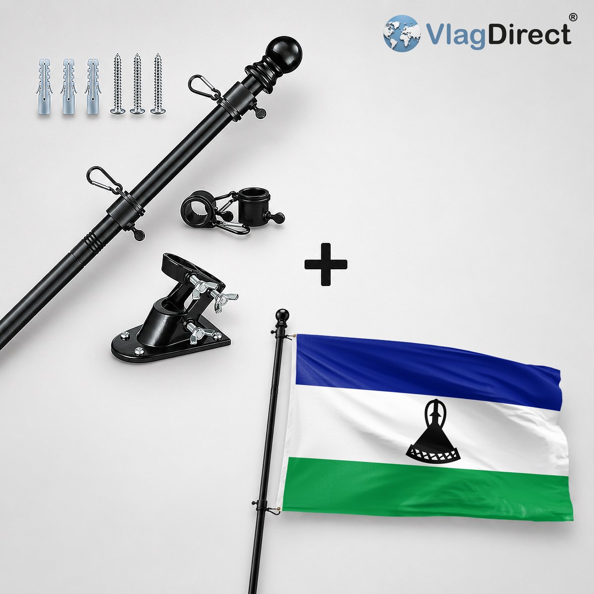 VlagDirect - Compleet vlaggenpakket - Zwarte vlaggenstok inclusief vlaggenstokhouder + Lesothaanse vlag - Lesotho vlag - 90 x 150 cm