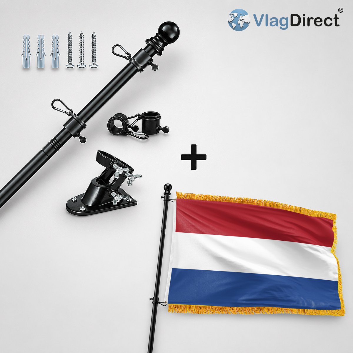 VlagDirect - Compleet vlaggenpakket - Zwarte vlaggenstok inclusief vlaggenstokhouder + Nederlandse vlag - Nederland vlag - 150 x 225 cm - XL vlag.