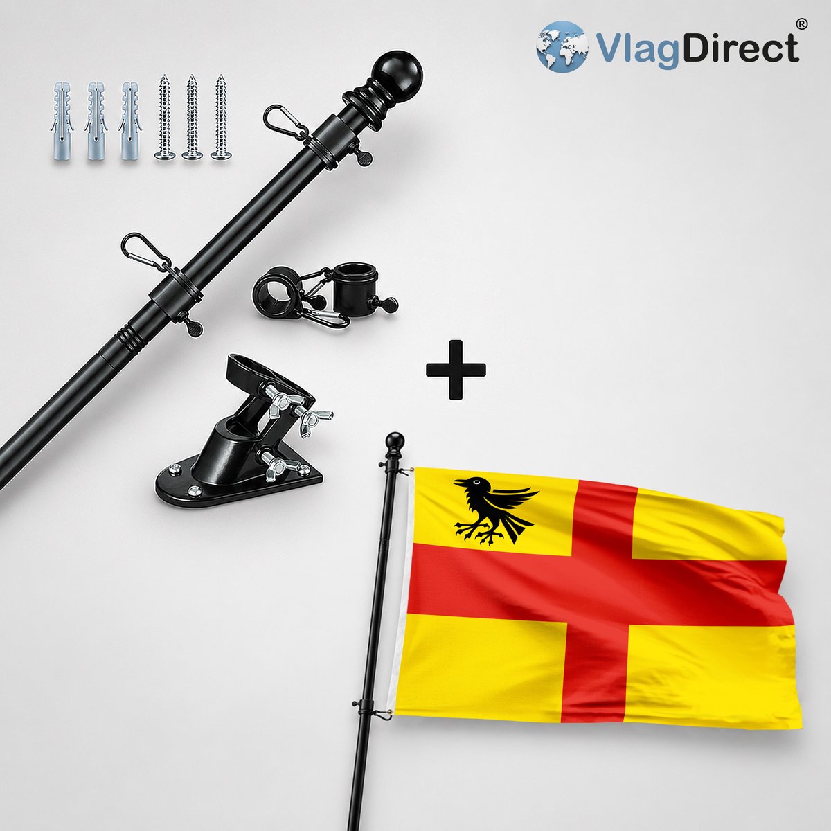 VlagDirect - Compleet vlaggenpakket - Zwarte vlaggenstok inclusief vlaggenstokhouder + Wemmelse vlag - Gemeente Wemmel vlag - 90 x 150 cm.