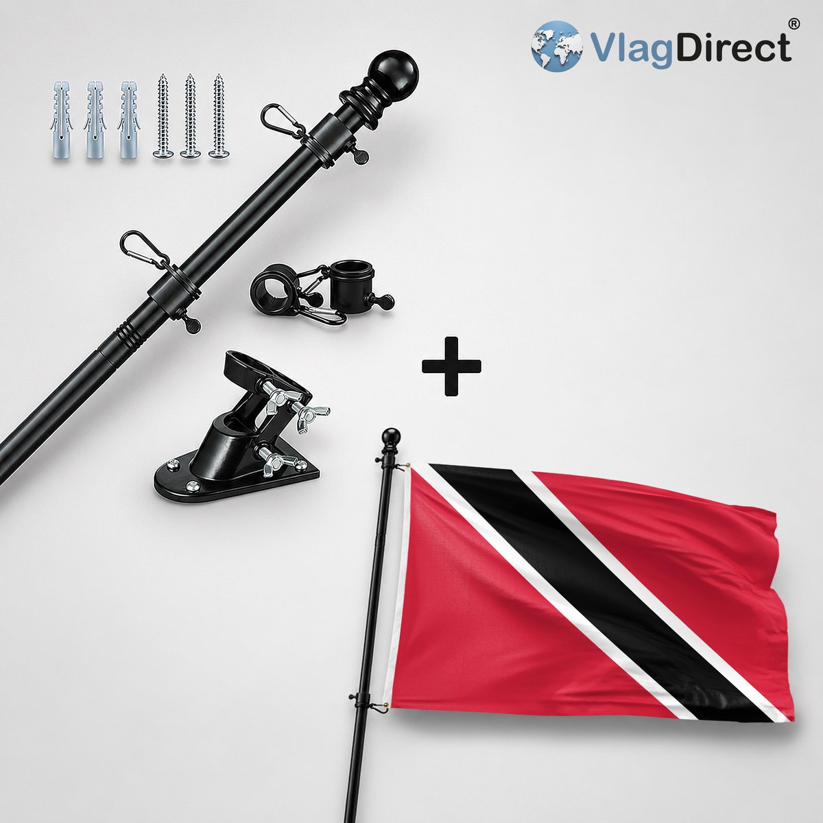 VlagDirect - Compleet vlaggenpakket - Zwarte vlaggenstok inclusief vlaggenstokhouder + Trinidadiaanse vlag - Trinidad en Tobago vlag - 90 x 150 cm.