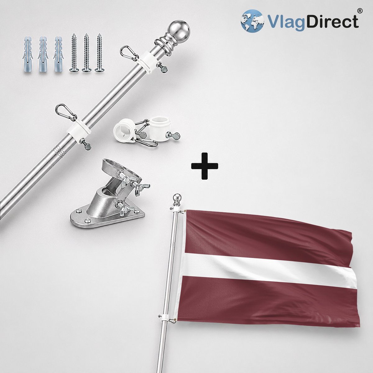 VlagDirect - Compleet vlaggenpakket - Zilveren vlaggenstok inclusief vlaggenstokhouder + Letse vlag - Letland vlag - 90 x 150 cm