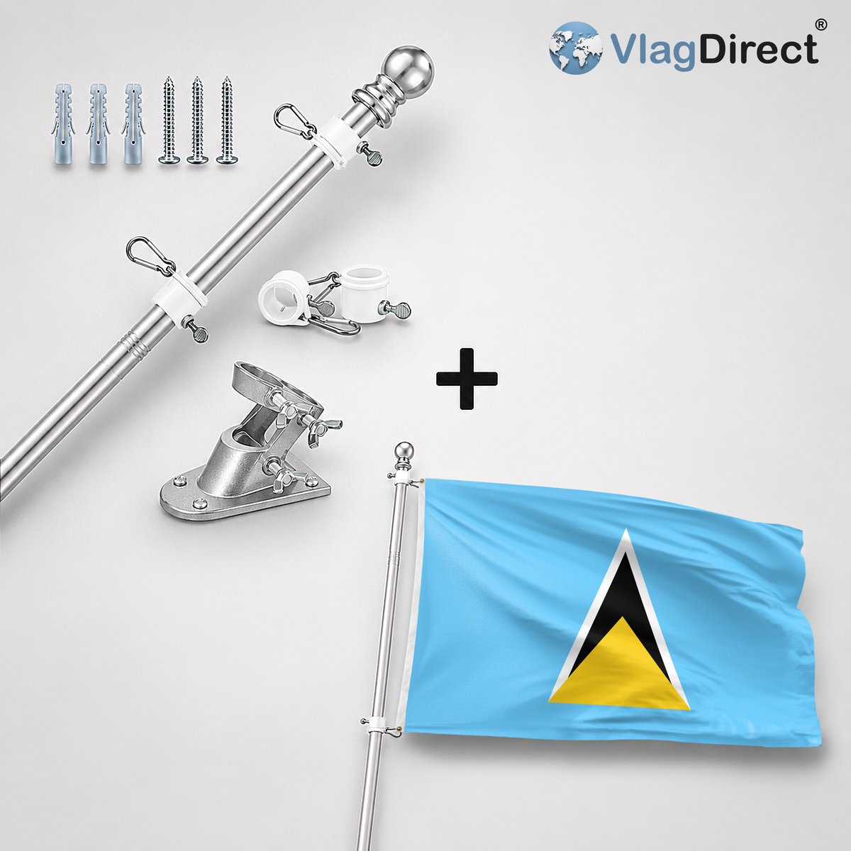VlagDirect - Compleet vlaggenpakket - Zilveren vlaggenstok inclusief vlaggenstokhouder + Saint Lucian vlag - Saint Lucia vlag - 90 x 150 cm