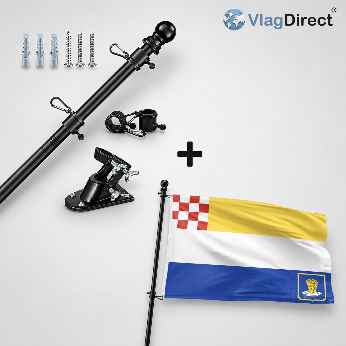 VlagDirect - Compleet vlaggenpakket - Zwarte vlaggenstok inclusief vlaggenstokhouder + Goirle vlag - Gemeente Goirle vlag - 90 x 150 cm.