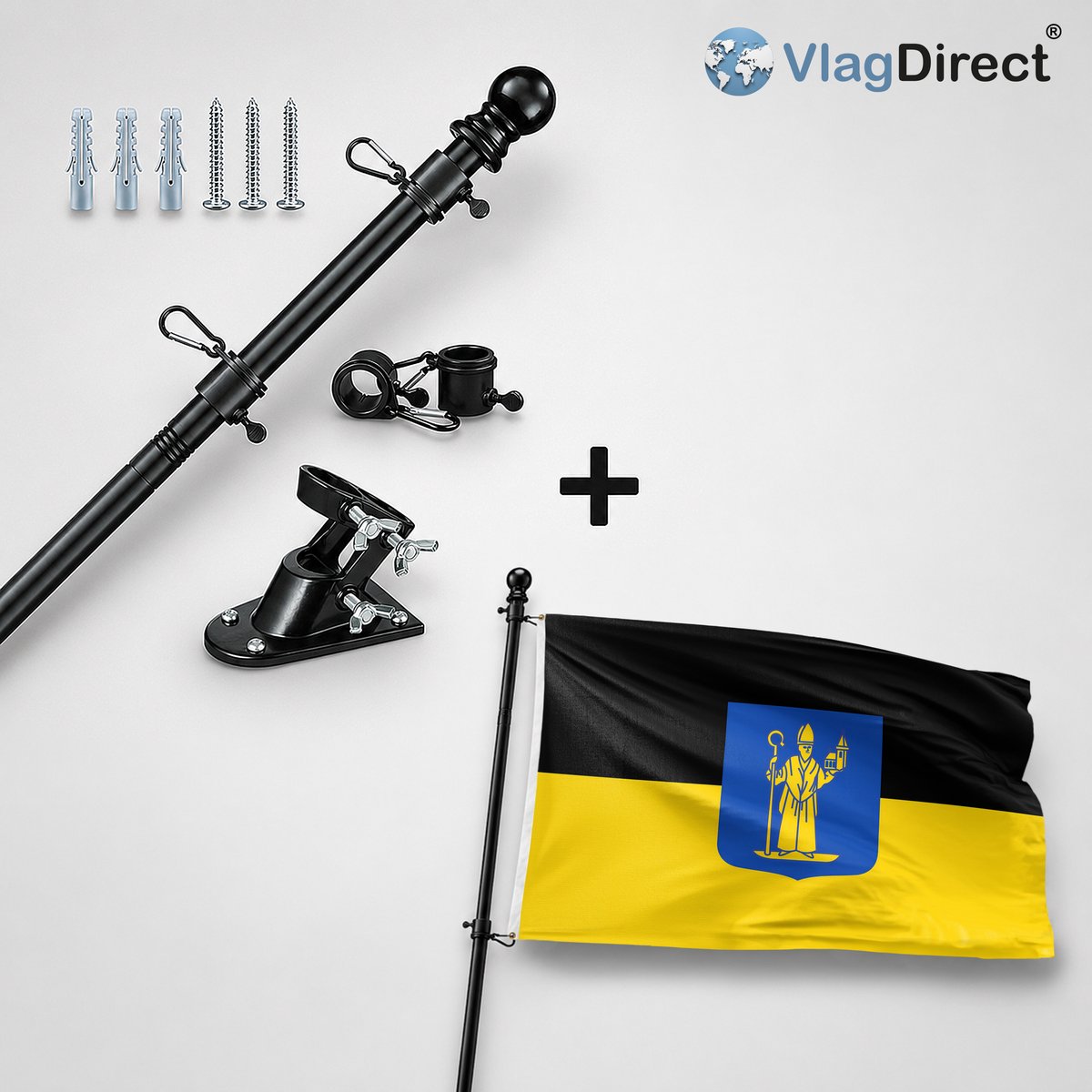 VlagDirect - Compleet vlaggenpakket - Zwarte vlaggenstok inclusief vlaggenstokhouder + Sint-Michielsgestel vlag - Gemeente Sint-Michielsgestel vlag - 90 x 150 cm.