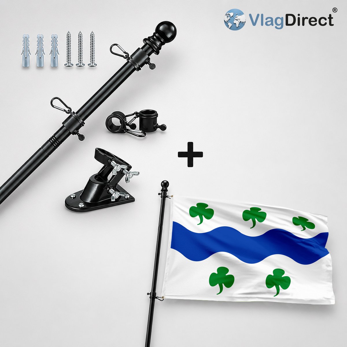 VlagDirect - Compleet vlaggenpakket - Zwarte vlaggenstok inclusief vlaggenstokhouder + Gemeente Attert vlag - 90 x 150 cm.