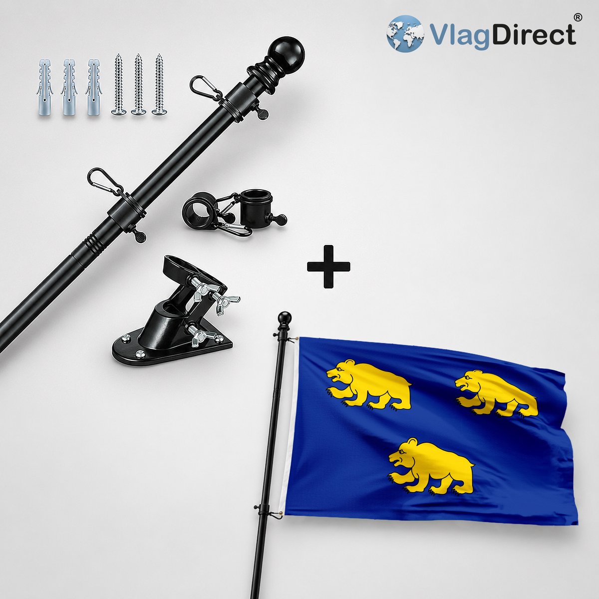 VlagDirect - Compleet vlaggenpakket - Zwarte vlaggenstok inclusief vlaggenstokhouder + Beernemse vlag - Gemeente Beernem vlag - 90 x 150 cm.