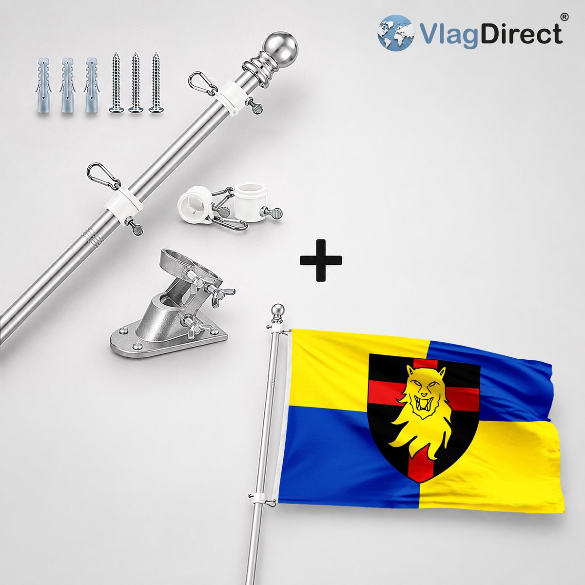 VlagDirect - Compleet vlaggenpakket - Zilveren vlaggenstok inclusief vlaggenstokhouder + Gemeente Couvin vlag - 90 x 150 cm.
