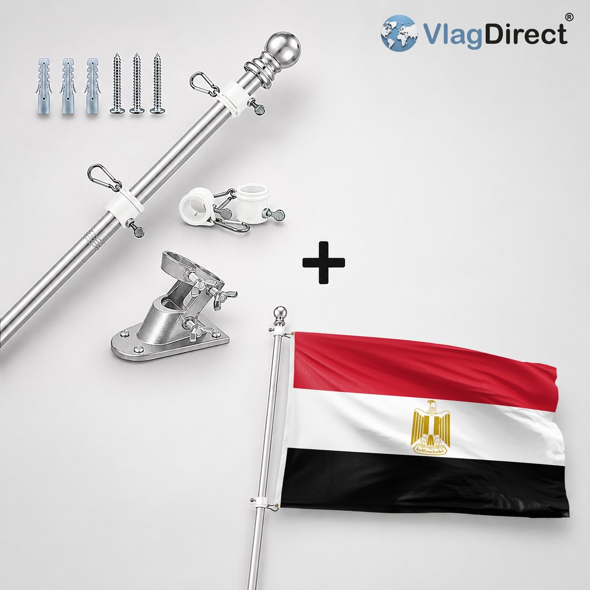 VlagDirect - Compleet vlaggenpakket - Zilveren vlaggenstok inclusief vlaggenstokhouder + Egyptische vlag - Egypte vlag - 90 x 150 cm.