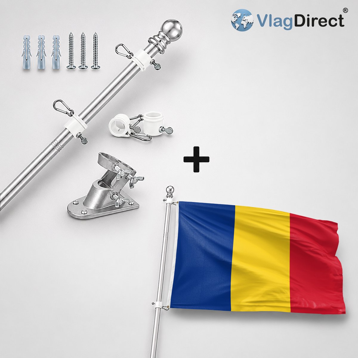 VlagDirect - Compleet vlaggenpakket - Zilveren vlaggenstok inclusief vlaggenstokhouder + Roemeense vlag - Roemenië vlag - 90 x 150 cm.
