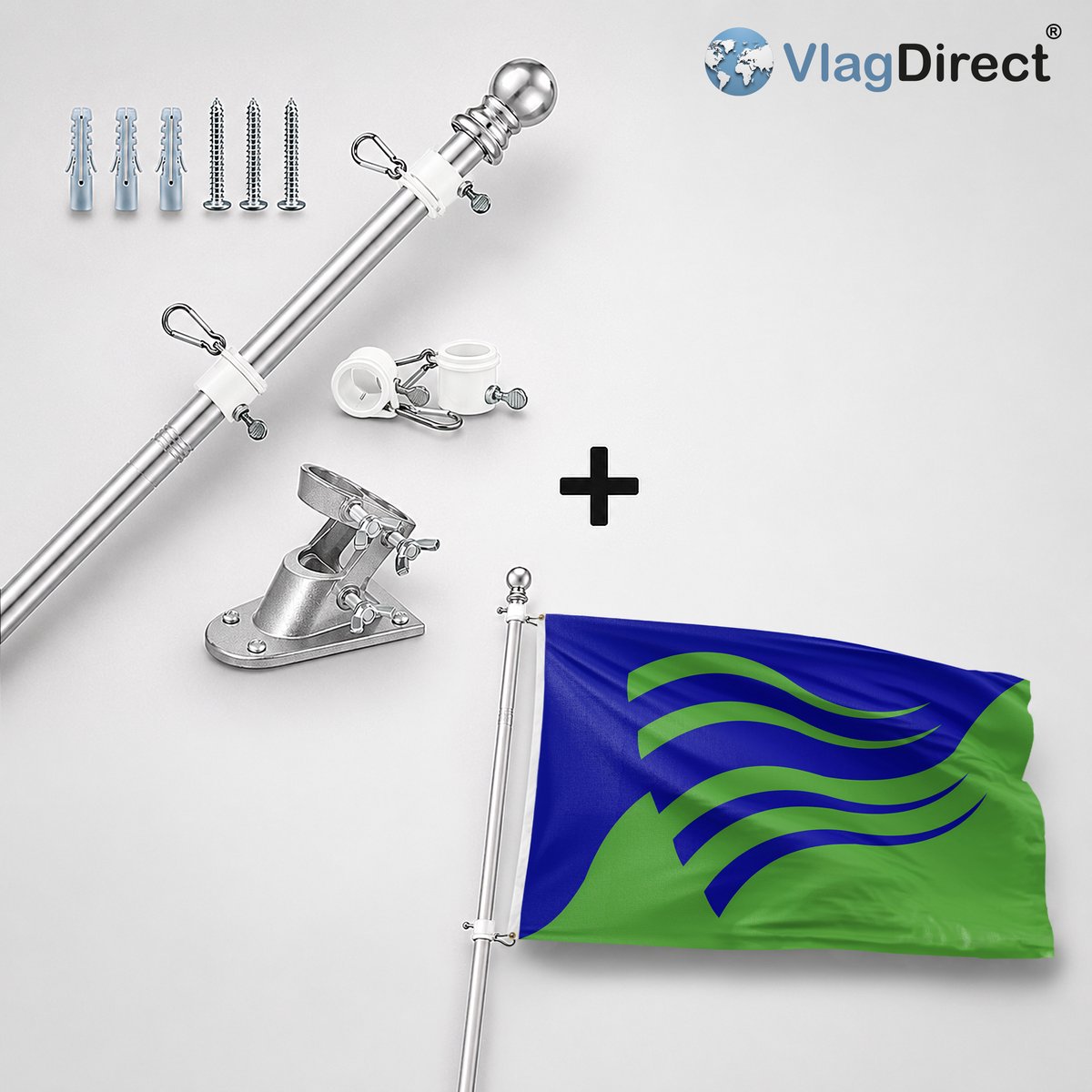 VlagDirect - Compleet vlaggenpakket - Zilveren vlaggenstok inclusief vlaggenstokhouder + Olst-Wijhe vlag - Gemeente Olst-Wijhe vlag - 90 x 150 cm.