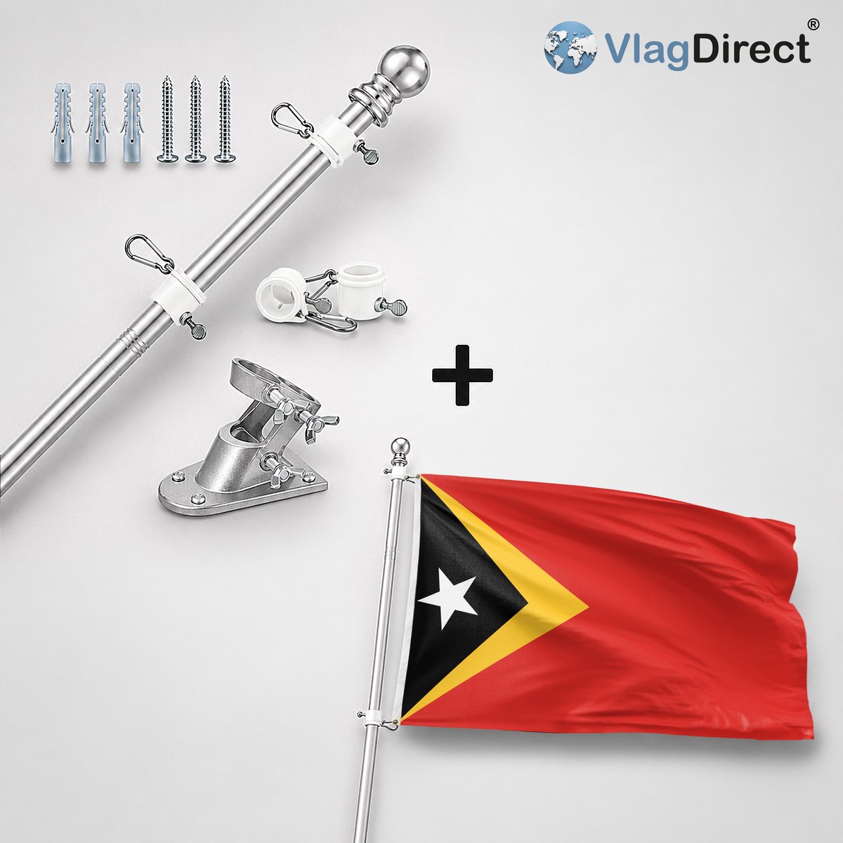 VlagDirect - Compleet vlaggenpakket - Zilveren vlaggenstok inclusief vlaggenstokhouder + Oost-Timorese vlag - Oost-Timor vlag - 90 x 150 cm