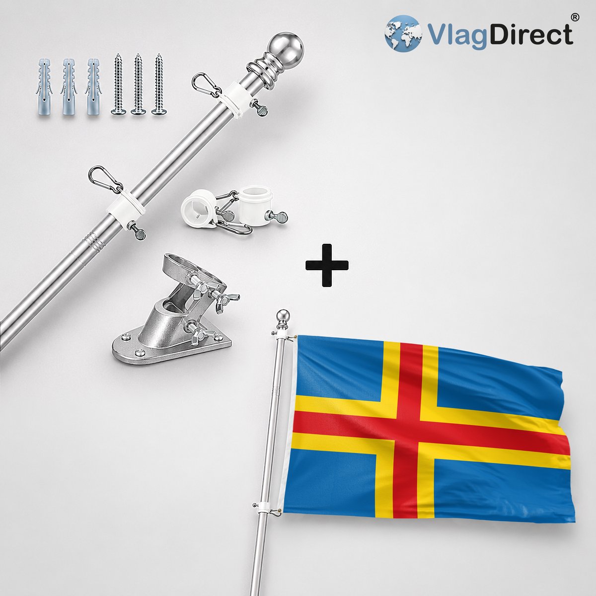 VlagDirect - Compleet vlaggenpakket - Zilveren vlaggenstok inclusief vlaggenstokhouder + Alandse vlag - Aland vlag - 90 x 150 cm.