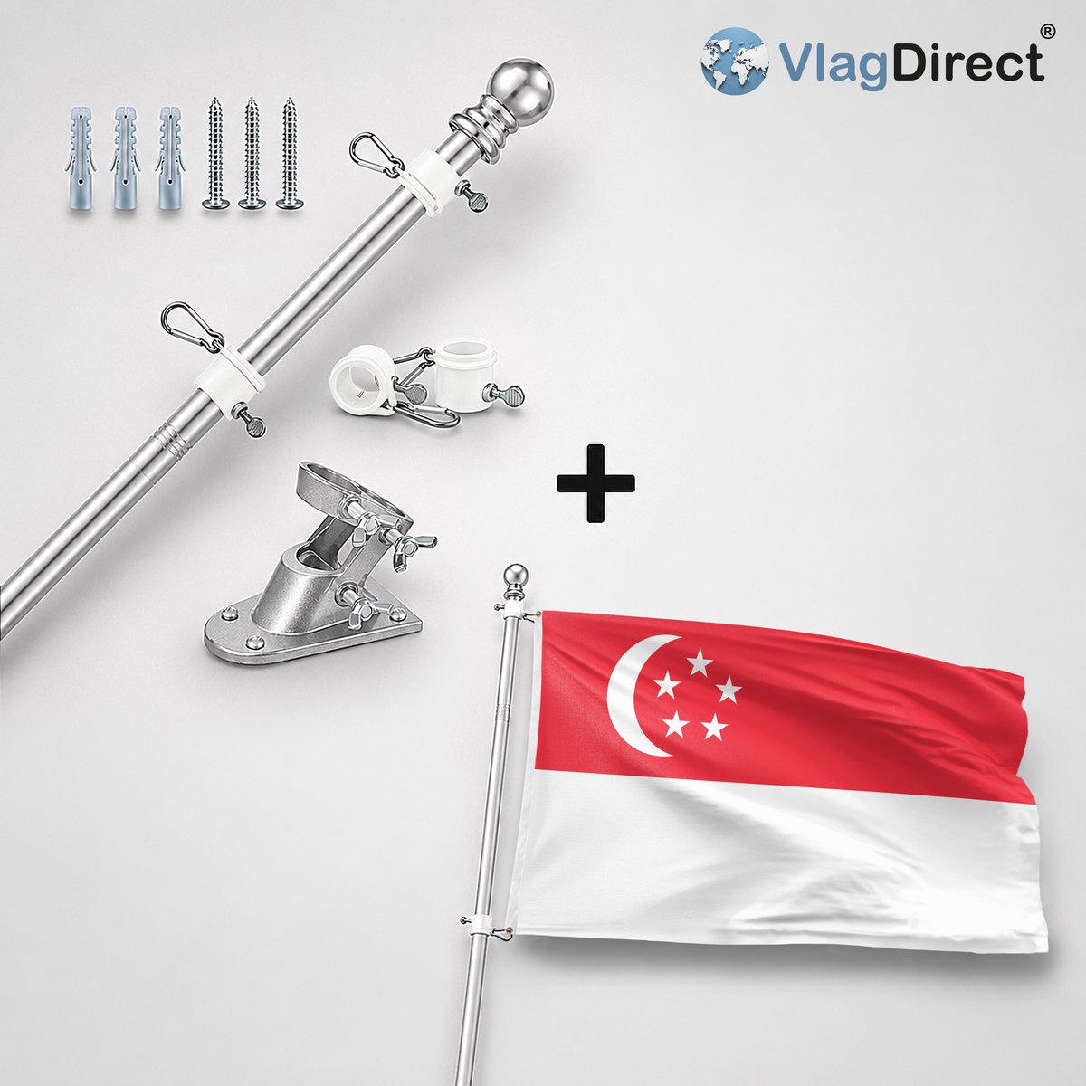 VlagDirect - Compleet vlaggenpakket - Zilveren vlaggenstok inclusief vlaggenstokhouder + Singaporese vlag - Singapore vlag - 90 x 150 cm.