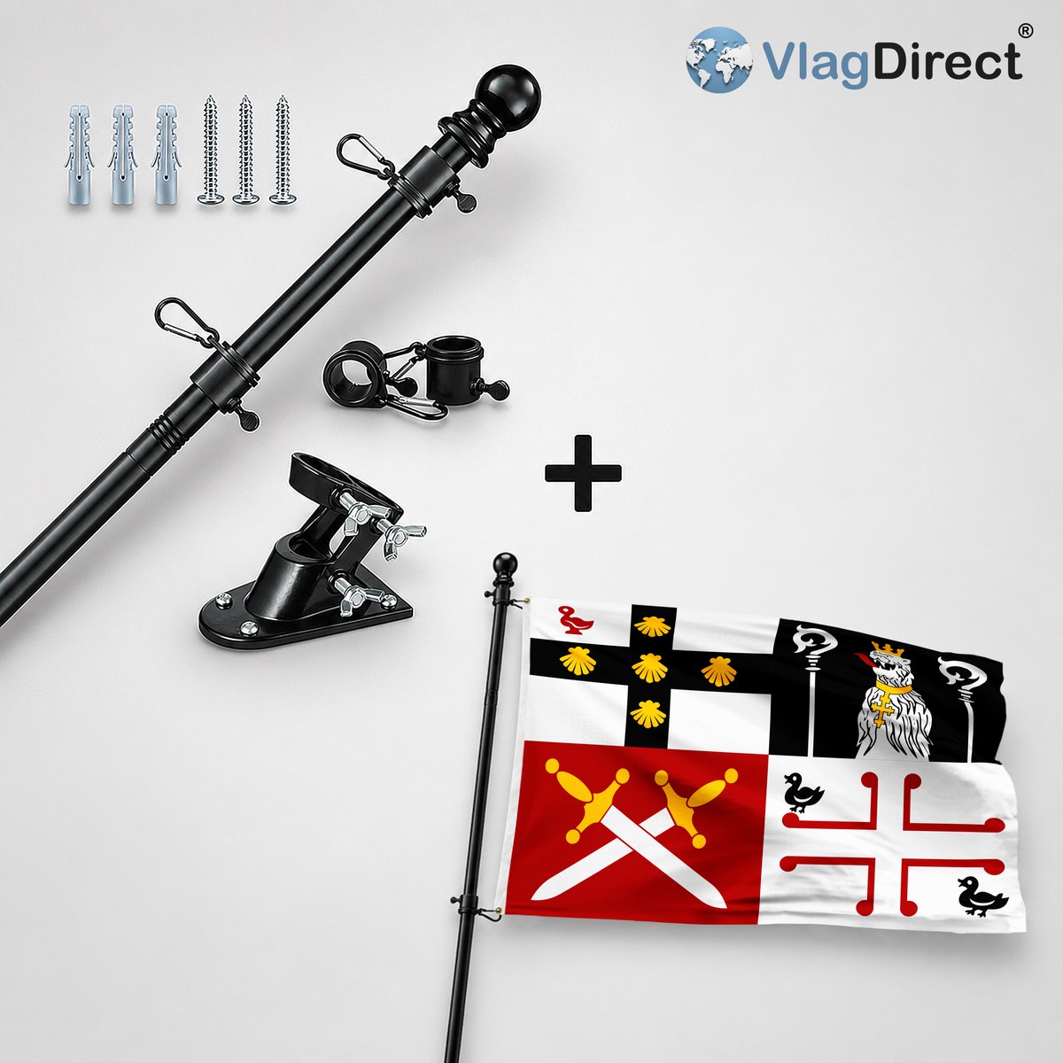 VlagDirect - Compleet vlaggenpakket - Zwarte vlaggenstok inclusief vlaggenstokhouder + Zuienkerkse vlag - Gemeente Zuienkerke vlag - 90 x 150 cm.