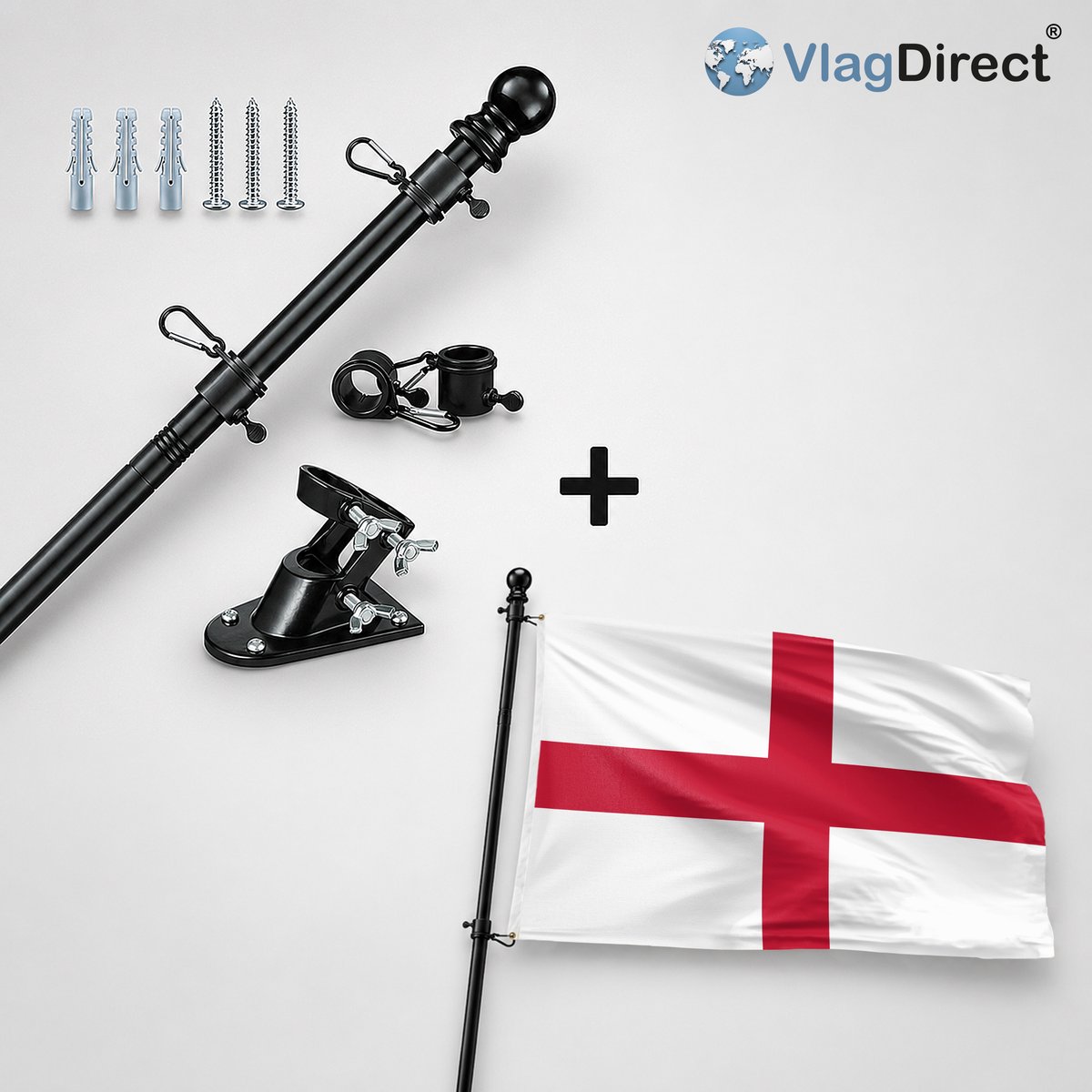 VlagDirect - Compleet vlaggenpakket - Zwarte vlaggenstok inclusief vlaggenstokhouder + Engelse vlag - Engeland vlag - 90 x 150 cm.