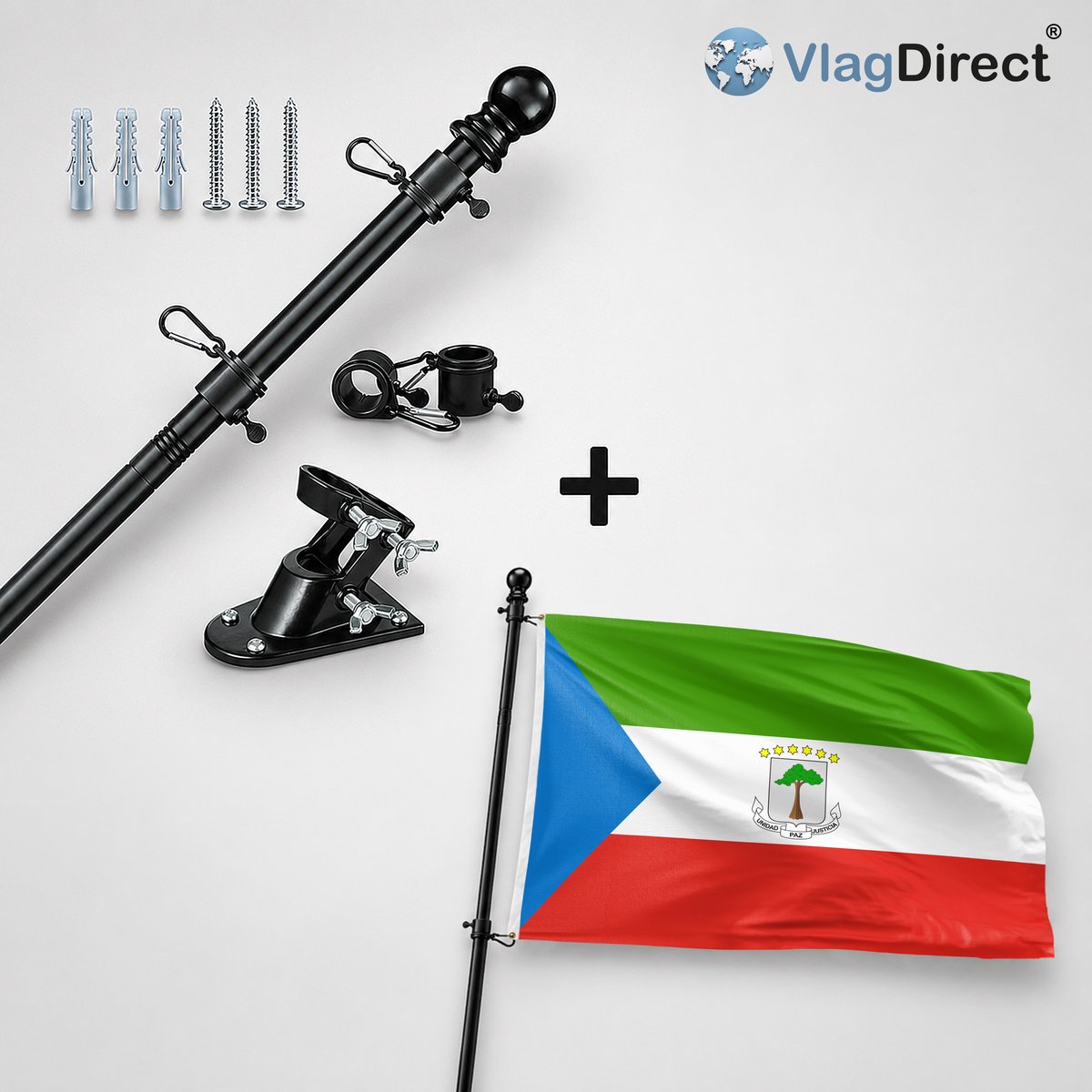 VlagDirect - Compleet vlaggenpakket - Zwarte vlaggenstok inclusief vlaggenstokhouder + Equatoriaal-Guinese vlag - Equatoriaal-Guinea vlag - 90 x 150 cm.