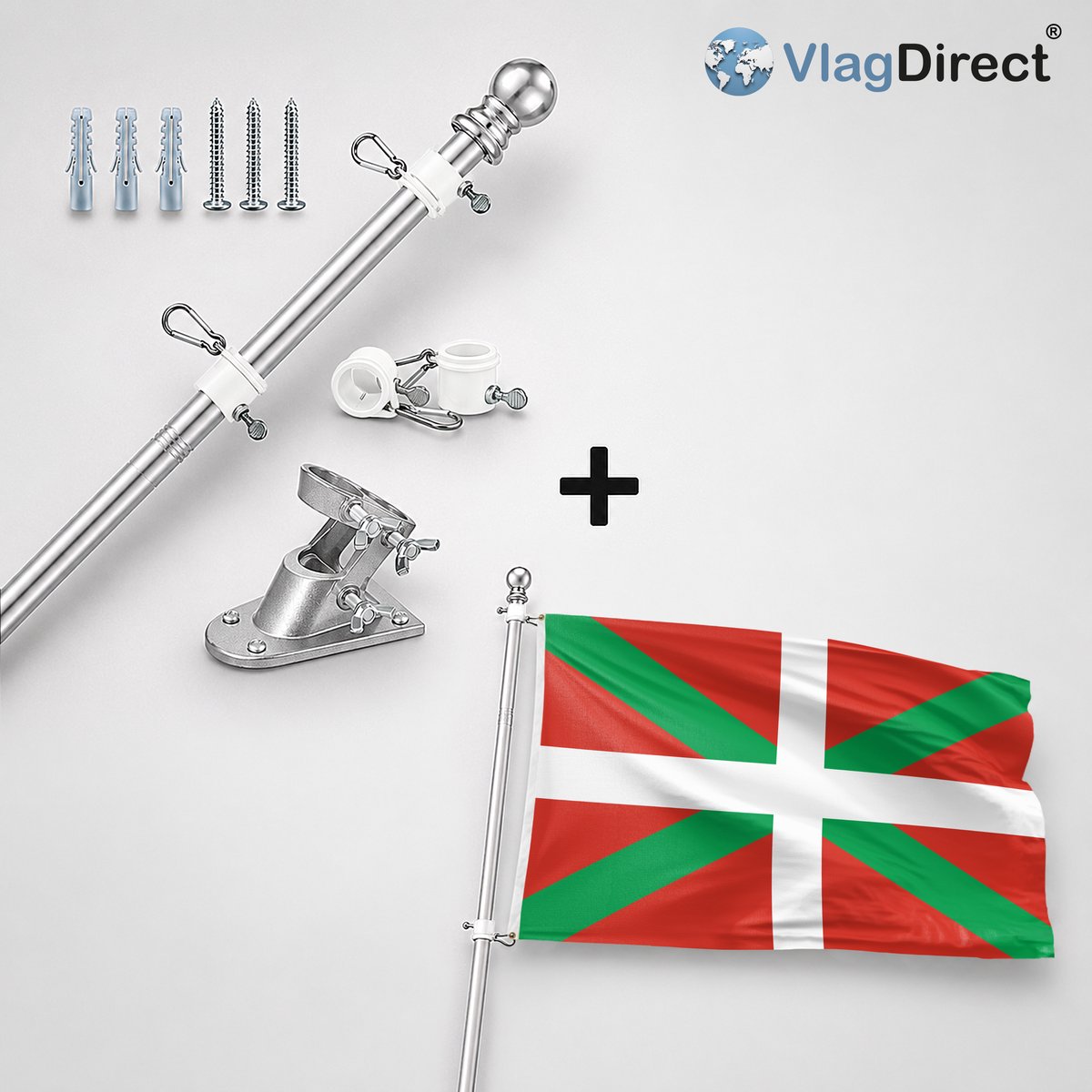 VlagDirect - Compleet vlaggenpakket - Zilveren vlaggenstok inclusief vlaggenstokhouder + Baskische vlag - Baskenland vlag - 90 x 150 cm.