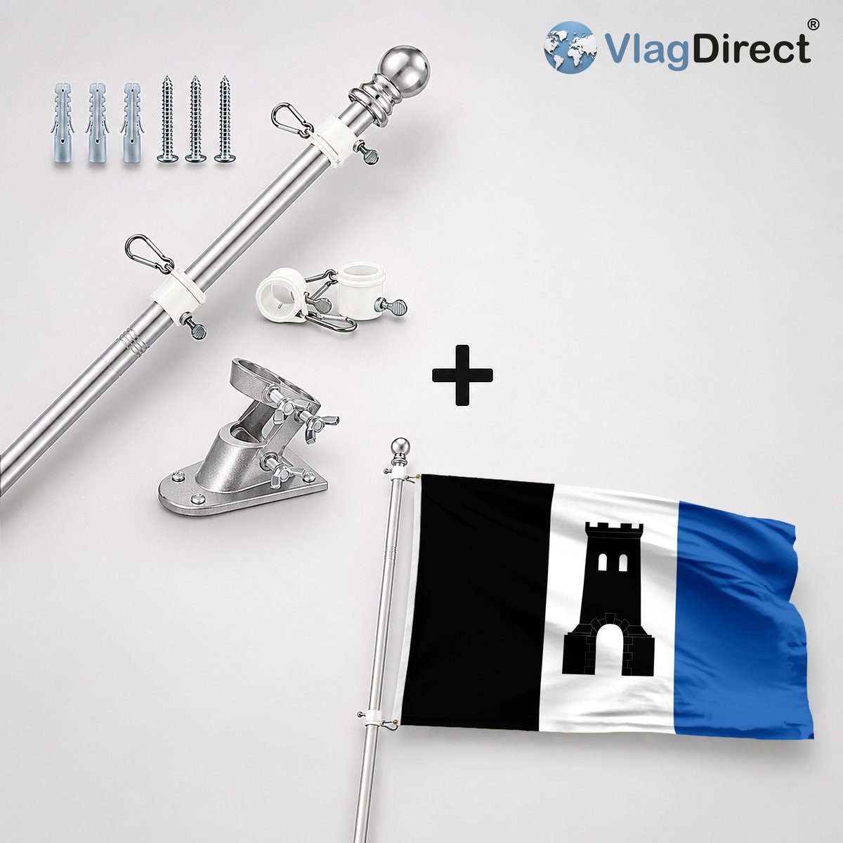 VlagDirect - Compleet vlaggenpakket - Zilveren vlaggenstok inclusief vlaggenstokhouder + Brakelse vlag - Gemeente Brakel vlag - 90 x 150 cm.