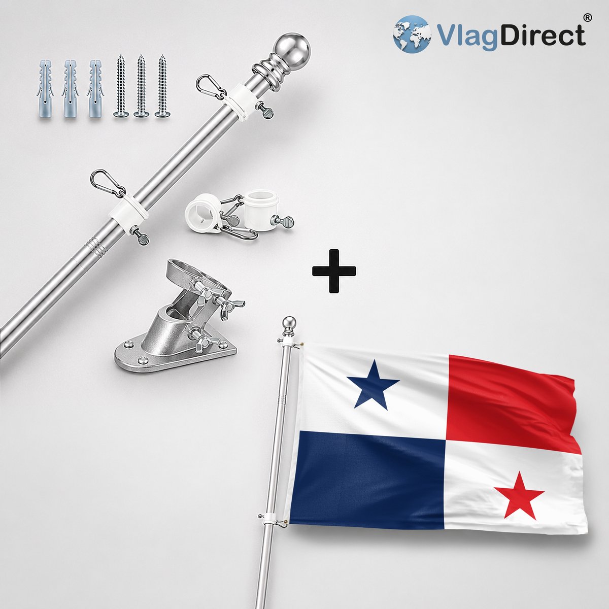 VlagDirect - Compleet vlaggenpakket - Zilveren vlaggenstok inclusief vlaggenstokhouder + Panamese vlag - Panama vlag - 90 x 150 cm.