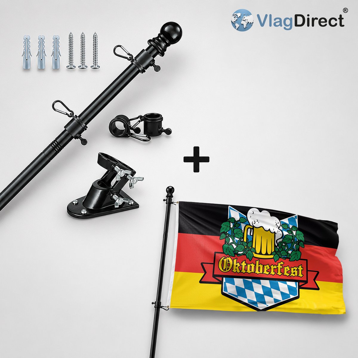 VlagDirect - Compleet vlaggenpakket - Zwarte vlaggenstok inclusief vlaggenstokhouder + Oktoberfest vlag - Oktoberfest Duitse vlag - 90 x 150 cm.