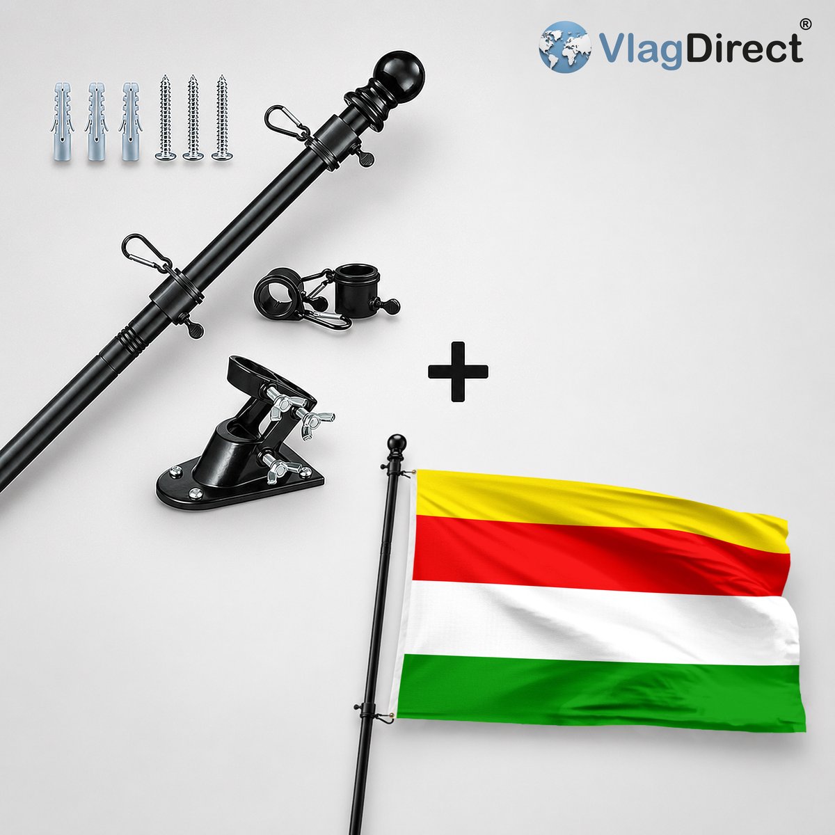 VlagDirect - Compleet vlaggenpakket - Zwarte vlaggenstok inclusief vlaggenstokhouder + Maaseiker vlag - Gemeente Maaseik vlag - 90 x 150 cm.