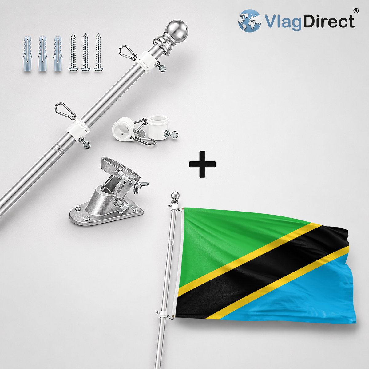 VlagDirect - Compleet vlaggenpakket - Zilveren vlaggenstok inclusief vlaggenstokhouder + Tanzaniaanse vlag - Tanzania vlag - 90 x 150 cm