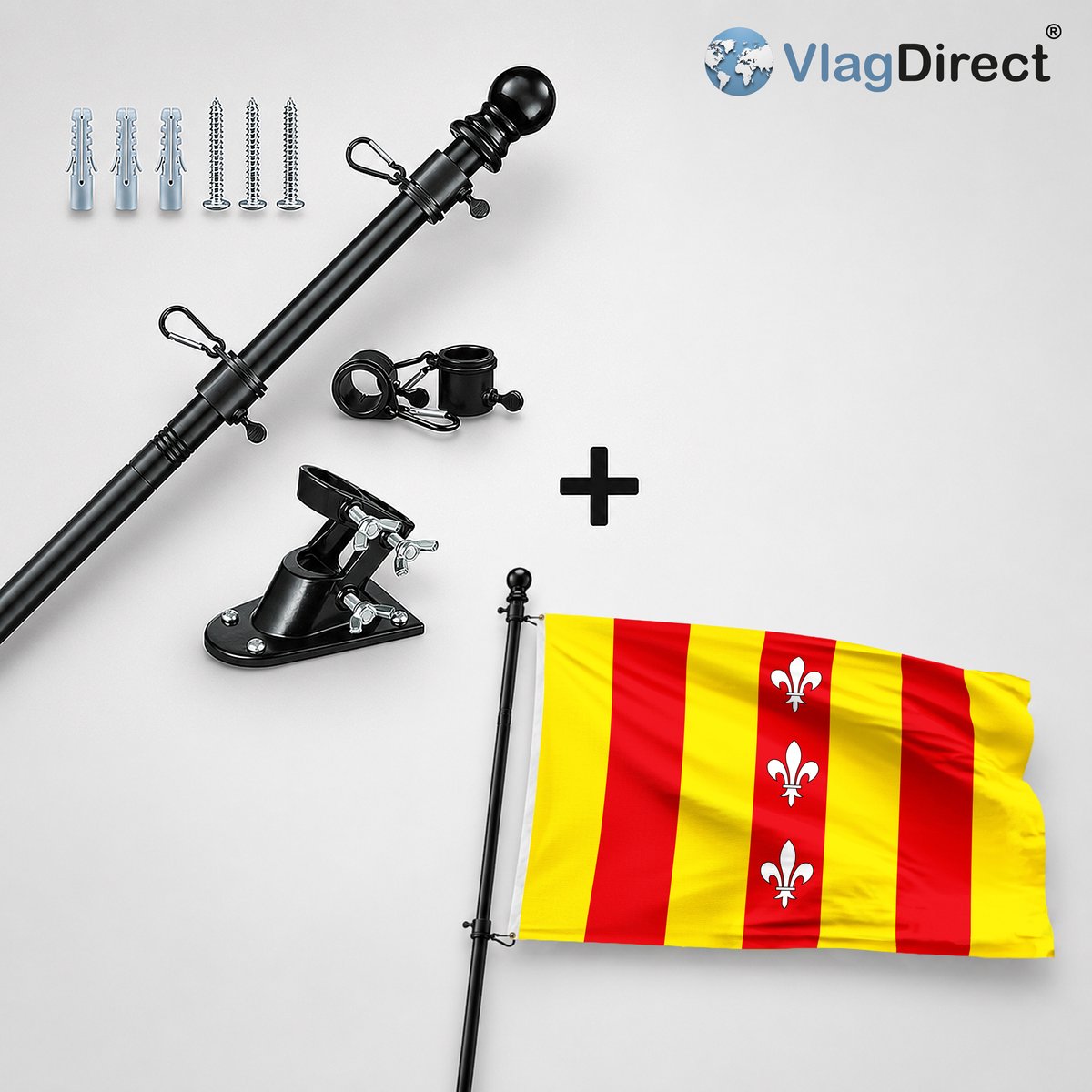 VlagDirect - Compleet vlaggenpakket - Zwarte vlaggenstok inclusief vlaggenstokhouder + Duffelse vlag - Gemeente Duffel vlag - 90 x 150 cm.