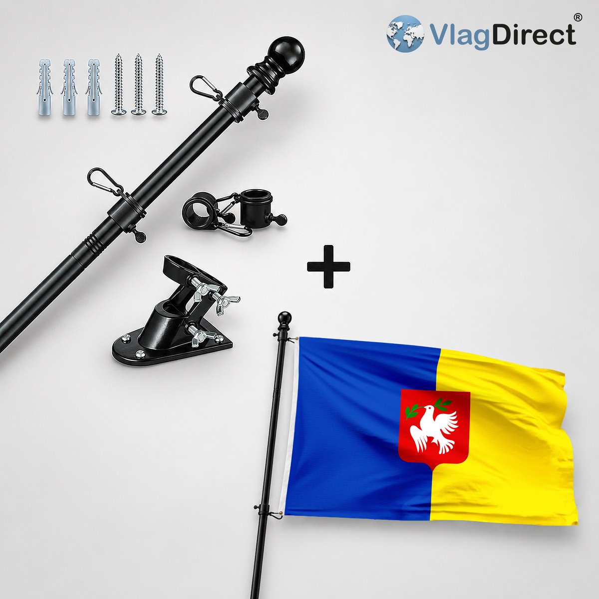 VlagDirect - Compleet vlaggenpakket - Zwarte vlaggenstok inclusief vlaggenstokhouder + Dentergemse vlag - Gemeente Dentergem vlag - 90 x 150 cm.