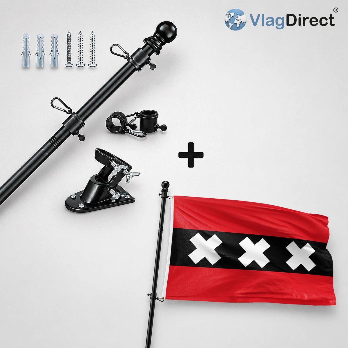 VlagDirect - Compleet vlaggenpakket - Zwarte vlaggenstok inclusief vlaggenstokhouder + Damse vlag - Gemeente Damme vlag - 90 x 150 cm.