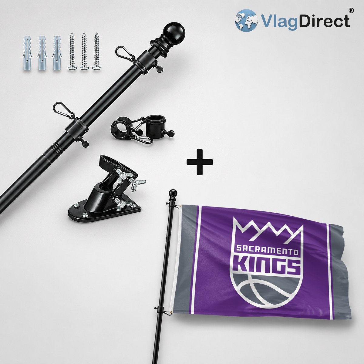 VlagDirect - Compleet vlaggenpakket - Zwarte vlaggenstok inclusief vlaggenstokhouder + Sacramento Kings vlag - Sacramento Kings basketbalteam vlag - 90 x 150 cm.
