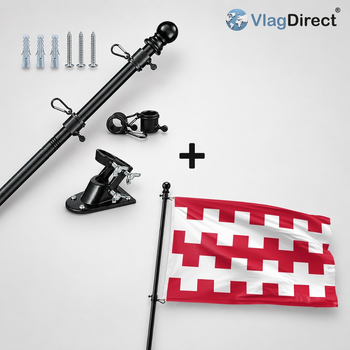 VlagDirect - Compleet vlaggenpakket - Zwarte vlaggenstok inclusief vlaggenstokhouder + Dongen vlag - Gemeente Dongen vlag - 90 x 150 cm.