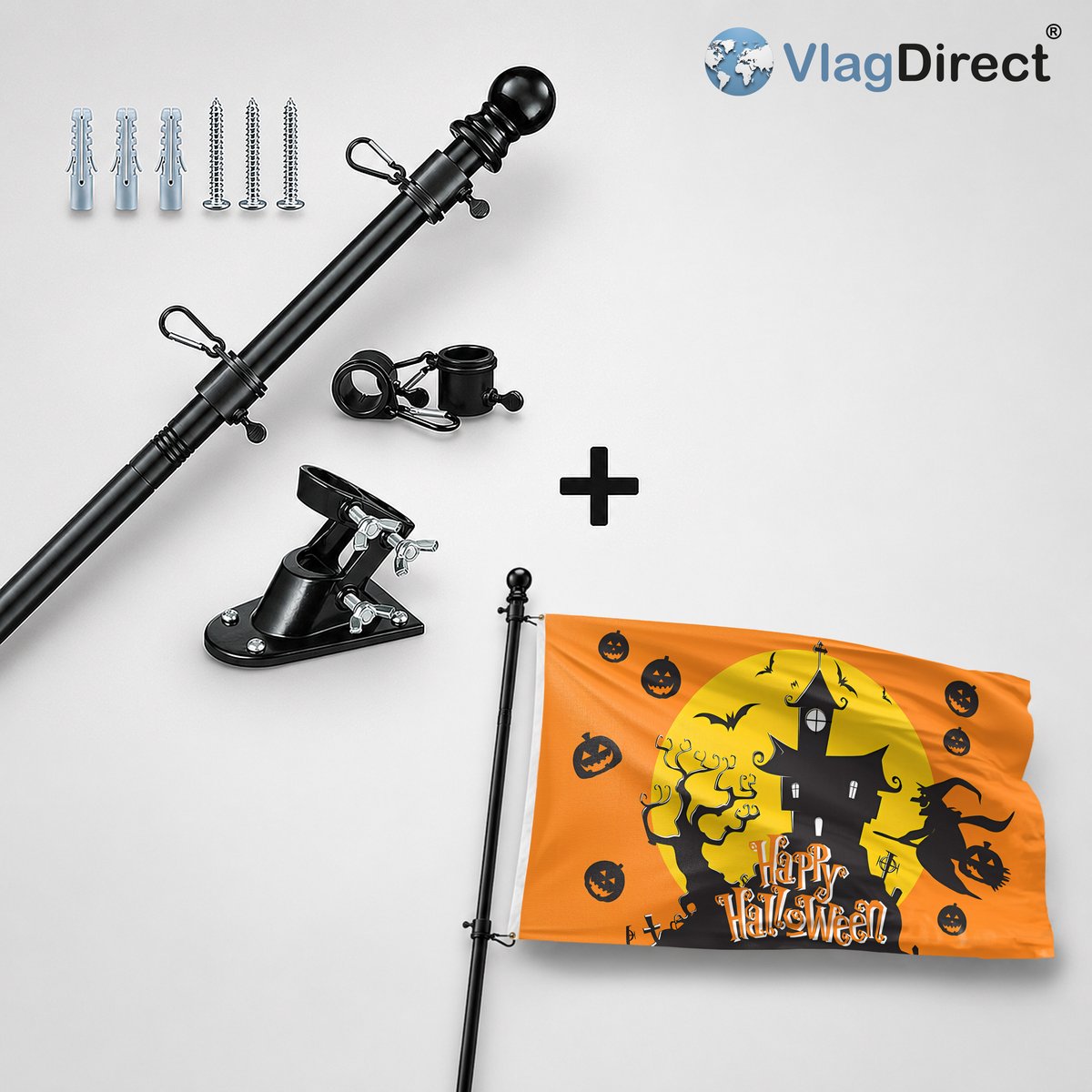 VlagDirect - Compleet vlaggenpakket - Zwarte vlaggenstok inclusief vlaggenstokhouder + Halloween vlag - Happy Halloween thema vlag - 90 x 150 cm.