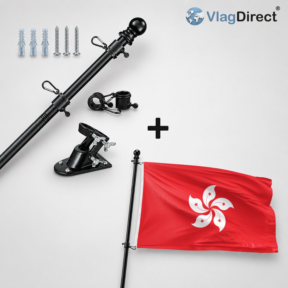 VlagDirect - Compleet vlaggenpakket - Zwarte vlaggenstok inclusief vlaggenstokhouder + Hongkongse vlag - Hong Kong vlag - 90 x 150 cm