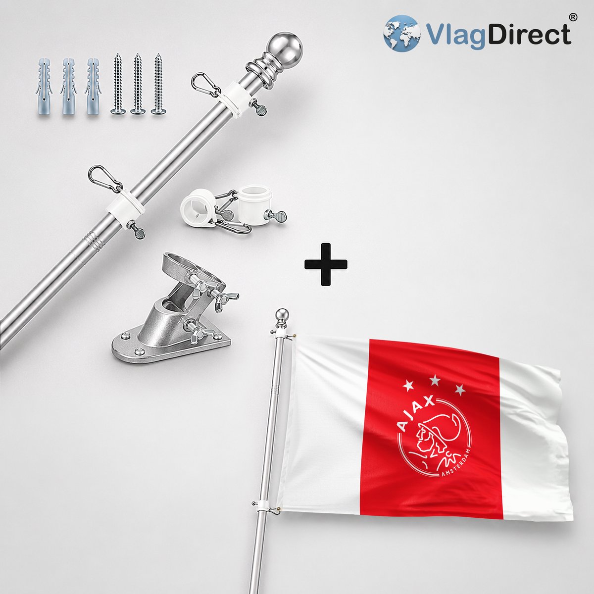 VlagDirect - Compleet vlaggenpakket - Zilveren vlaggenstok inclusief vlaggenstokhouder + Officiële AFC Ajax vlag - Ajax Amsterdam vlag - 90 x 150 cm.